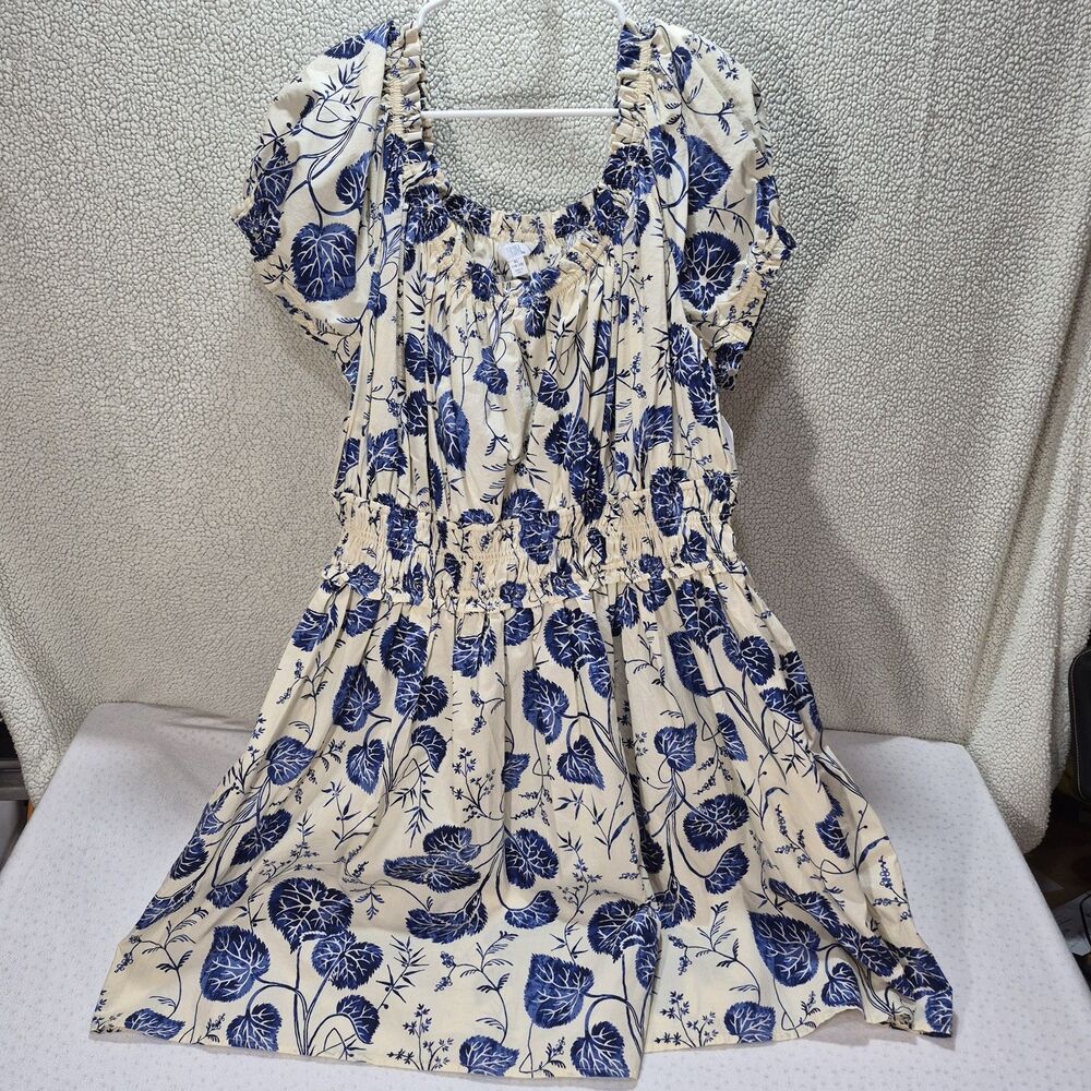 NWT Time And Tru Womens Size XL Mini Peasant Dress Leaf Porcelain Beige
